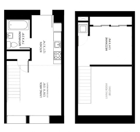 Floor plan for 1 bed, 1 bath, 799 sqft